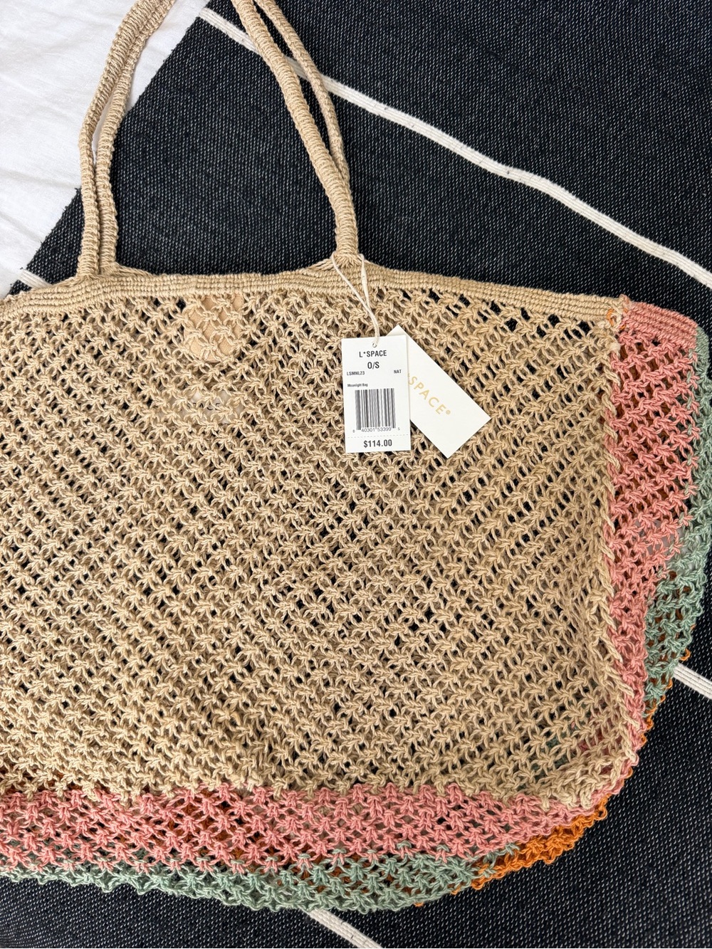 l*space jute Crochet floppy beach Tote with Mint, Coral and Orange Trim NWT